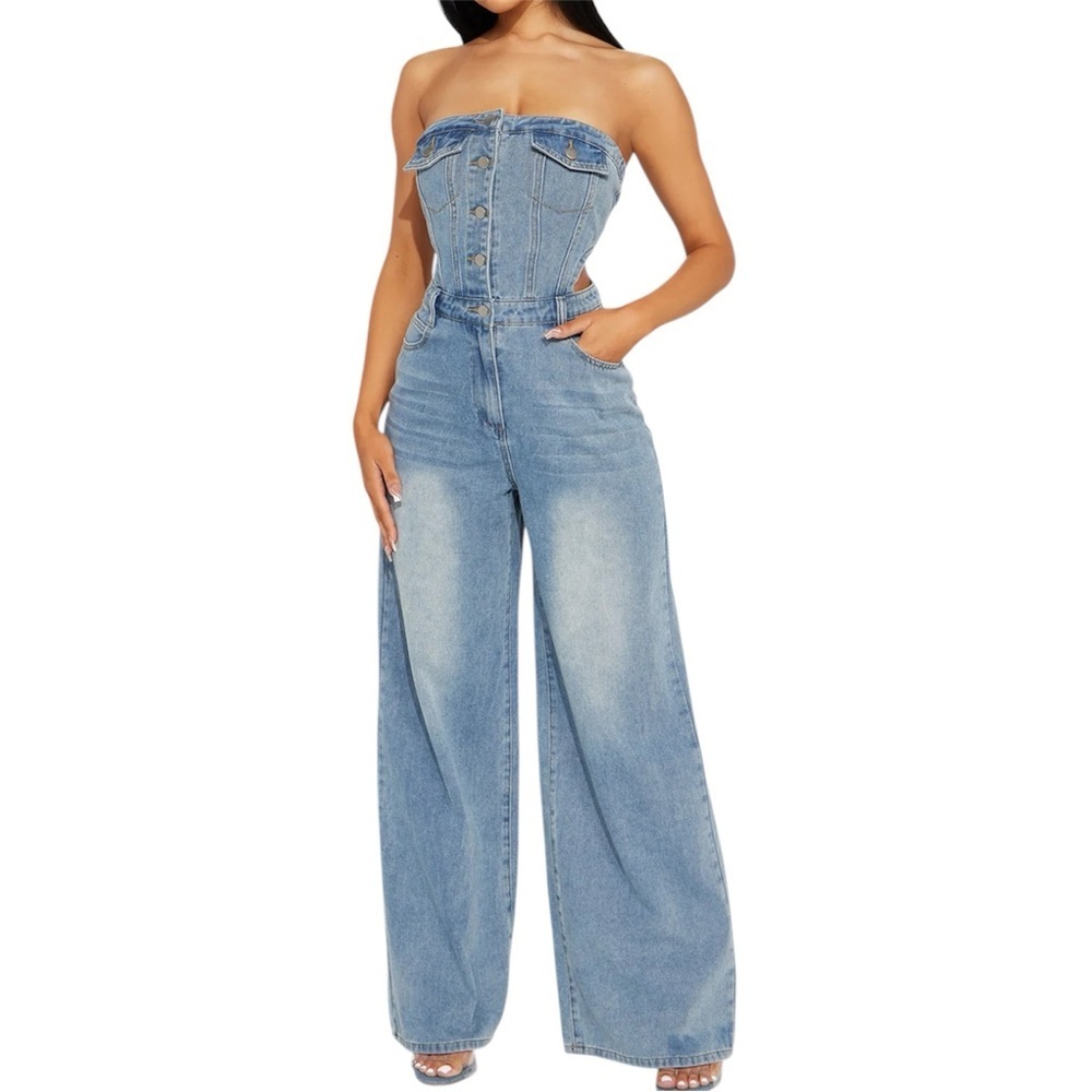 Fashion Nova Making Moves Medium Wash Strapless Wide Leg Denim Jumpsuit